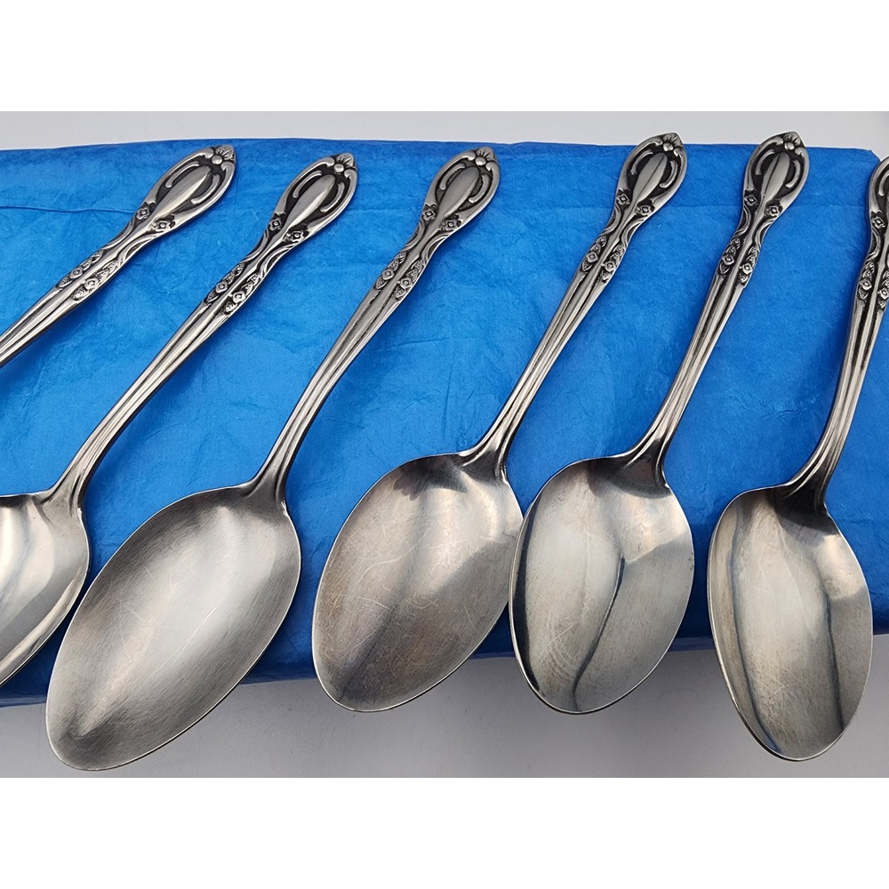 Vintage Japan National Stainless Spoons Set of 6 Ornate Floral Scroll Pattern